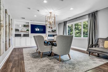 A dining room with a table